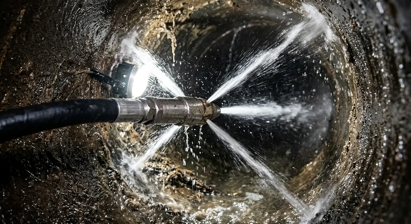 High-pressure hydro jetting nozzle cleaning sewer pipe for Trenchless Sewer Repair in South Gate