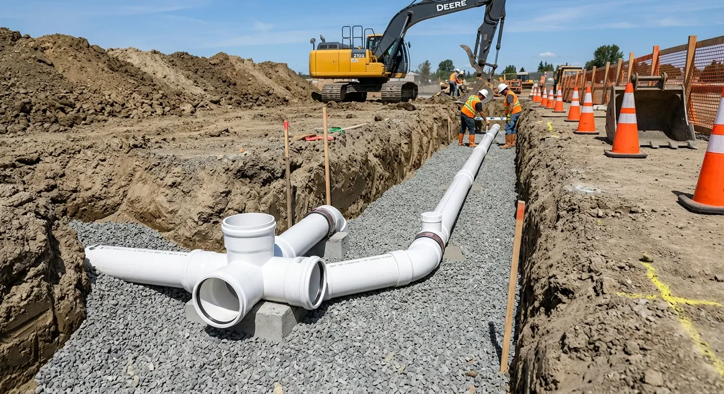 New PVC sewer pipe installation in open trench for Commercial Drain Cleaning in South Gate