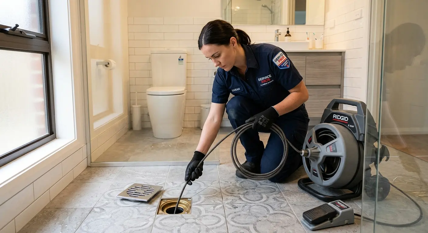 Technician clearing a bathroom floor drain for Drain Cleaning in South Gate